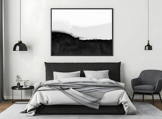 Black and white poster on the wall above bed in minimalist bedroom with grey armchair, lamps, table and black headboard of double bed for mock up