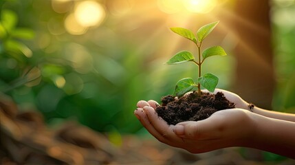 A close-up of hands holding a small sprout with soil, conveying care and environmental responsibility in a sun-drenched forest..