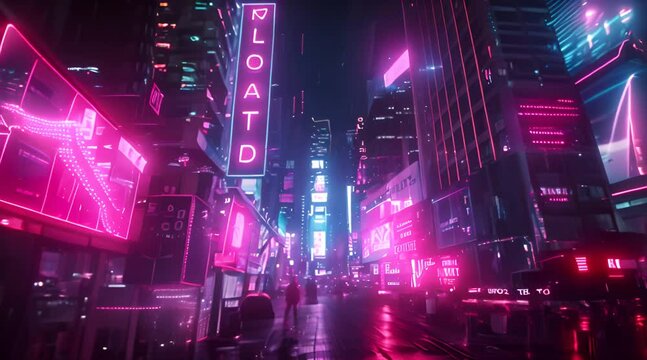 Buzzing and hustling city with neon pink lights and skyscrapers 
