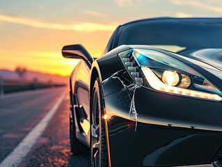 The image shows a damaged vehicle after a traffic collision, with debris scattered on the highway as the sun sets, depicting an urban transportation incident..