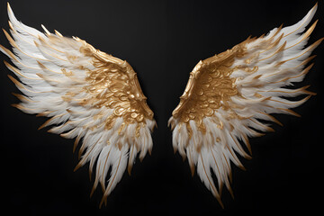 Embrace the enchanting sight of a pair of majestic gold wings and feathers, gracefully poised against a translucent canvas. Allow  Generative AI, 
