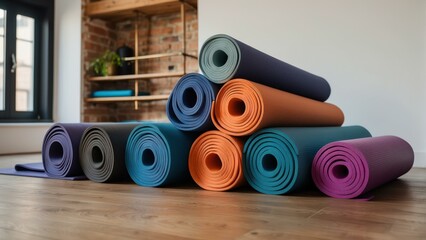 Colorful yoga mats rolled in a studio