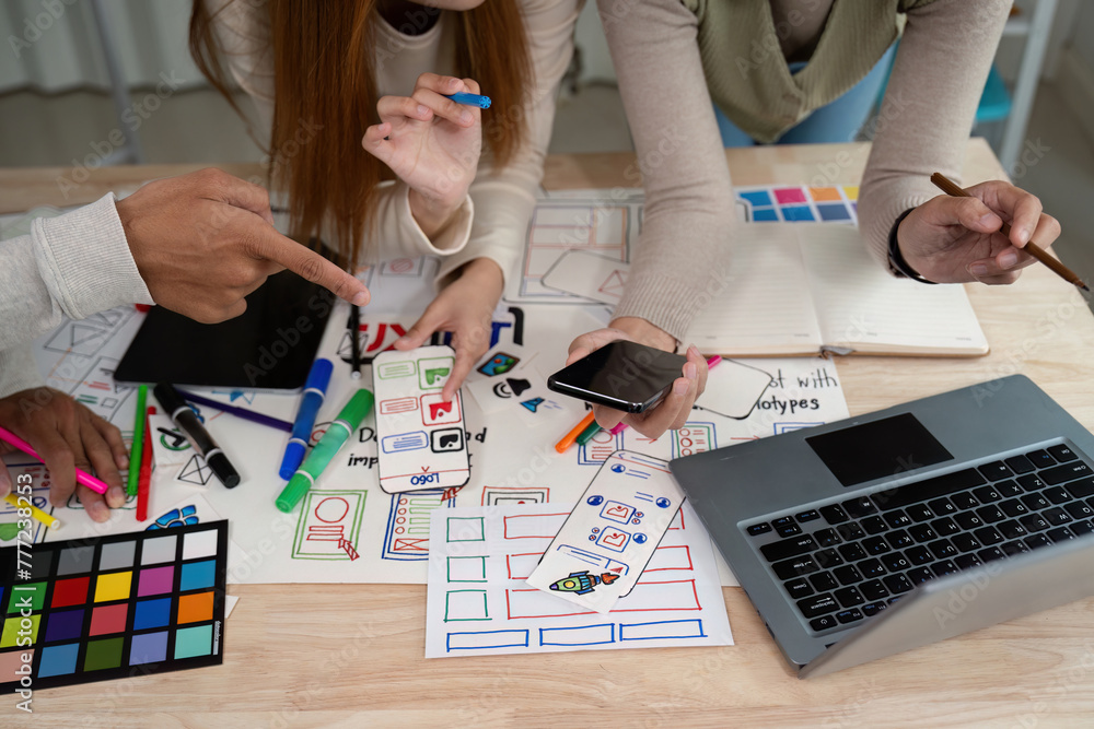 Aufkleber brainstorm team of creative web graphic designer planning, group of mobile phone app developer team 
