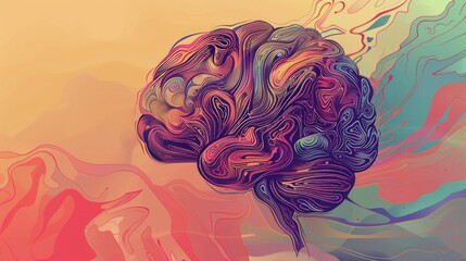 Hand-drawn brain with colorful swirling patterns stands against a muted gradient backdrop symbolizing the complexity of mental wellness