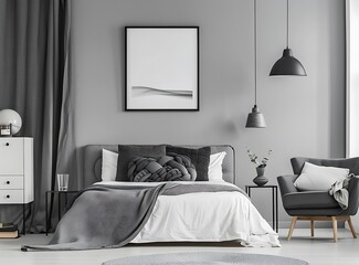 Black and white poster on the wall above bed in modern bedroom with sofa, nightstand and chair