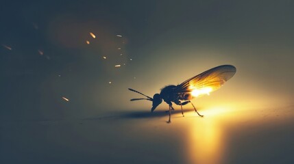 ethereal beauty of a firefly as it emits a soft, pulsating glow against a simple white background,...