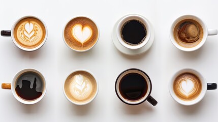 A collection of coffee cups showcasing different latte art designs, each with its own unique pattern of frothy milk on a rich espresso base..