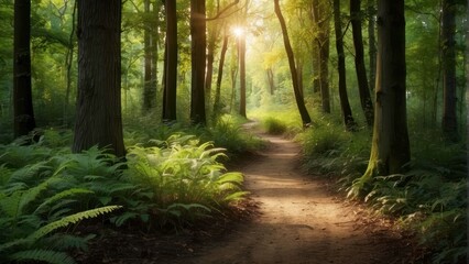 Sunlight streaming through a forest path
