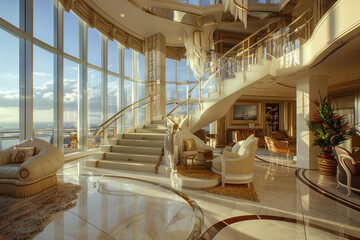 Luxurious penthouse with grand staircase, floor-to-ceiling windows, and lavish furnishings. - obrazy, fototapety, plakaty