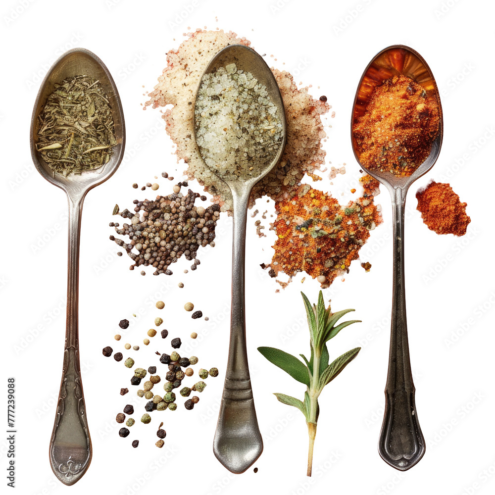 Poster a close up of a spoon with different types of spices