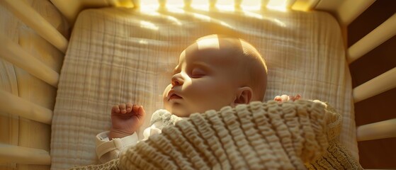 Clone Baby, Blanket, Social Impact, A newborn human clone peacefully sleeping in a crib Realistic, Golden Hour, Vignette, Birds-eye view