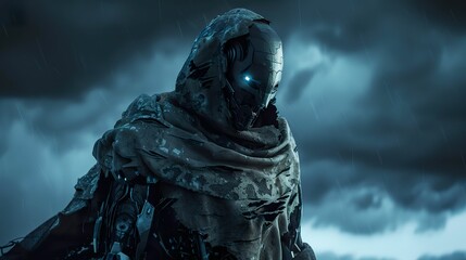 Cryptic Cyborg, Wearing Tattered Cloak, Delving Deeper Into the Dark Web, Amidst a Stormy Night, Realistic, Backlights, HDR, Point-of-view shot - obrazy, fototapety, plakaty