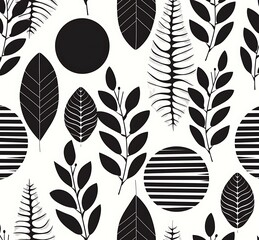 black and white vector pattern with leaves in the style of mid century modern geometric shapes