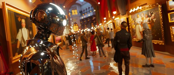 Digital Artist, futuristic attire, creating unique NFTs in a virtual gallery, bustling with collectors and admirers Realistic, Rembrandt lighting, Depth of Field bokeh effect, Wide-angle view - obrazy, fototapety, plakaty