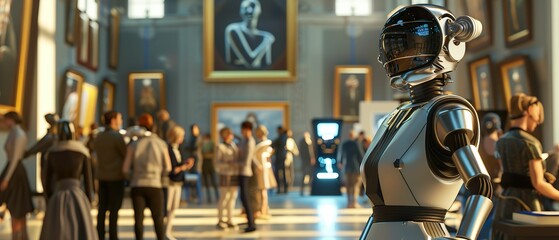 Digital Artist, futuristic attire, creating unique NFTs in a virtual gallery, bustling with collectors and admirers Realistic, Rembrandt lighting, Depth of Field bokeh effect, Wide-angle view - obrazy, fototapety, plakaty