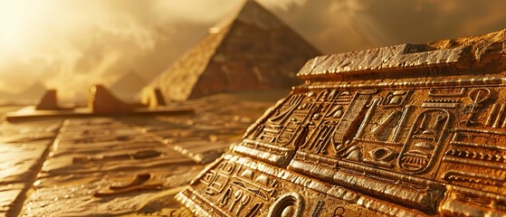 Enigmatic artifact, intricate carvings, mysterious symbols, hidden chamber within a pyramid, sandstorm fading in the background, 3d render, golden hour - obrazy, fototapety, plakaty
