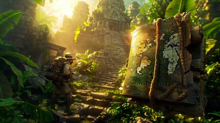 Exploration, Old Map, Mystical Artifact, Adventurers on a Journey through dense jungle, Mystical ruins shrouded in mystery, 3D Render, Golden Hour, Depth of Field Bokeh Effect, Long shot - obrazy, fototapety, plakaty