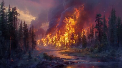 powerful nature concept illustration, featuring a raging wildfire in a forest