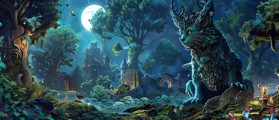 Fantasy Forest, Mythical Creatures, Symbolic Visual Language, Ancient Ruins, Moonlit Night, Macro shot