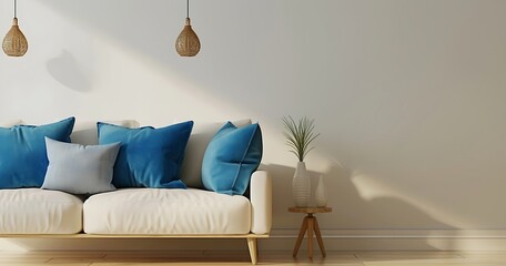 Modern interior design of a living room with a sofa and blue pillows on a beige wall background, presenting a minimalistic home decor concept