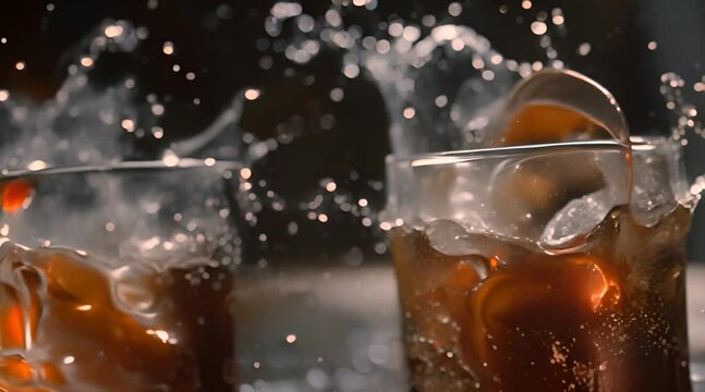 A glass of cola with ice splashing out in slow motion 