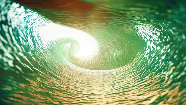 Inside tube waves, tube riding. Big waves in the ocean. Concept of catastrophe, apocalypse and tsunami. Rays of light, stormy sea. AI-generated.