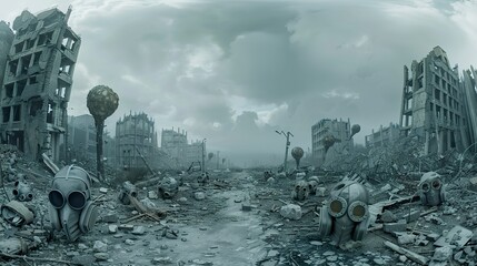 Global Dystopia, Pollution Masks, Desperate survivors in a ruined city, 3D render, Overcast, HDR, Fish-eye lens view - obrazy, fototapety, plakaty