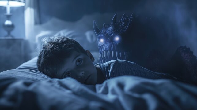 A little boy in bed at night is afraid of a monster. The concept of childhood fears and nightmares