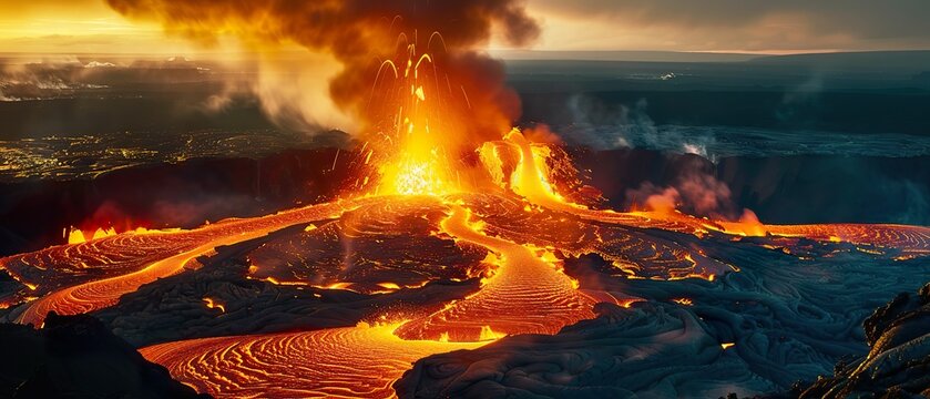 Magmatic flow, intense heat, volcanic activity, glowing lava rivers, smoke billowing, realistic image, Golden Hour, Depth of Field, Frontal view