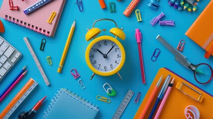 Dynamic shot of a digital alarm clock placed amidst a varied collection of school supplies on a bold indigo backdrop. - obrazy, fototapety, plakaty