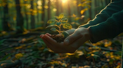 The delicate touch of human hands nurturing a sapling, with rich soil, against the warm backdrop of golden sunlight filtering through leaves..