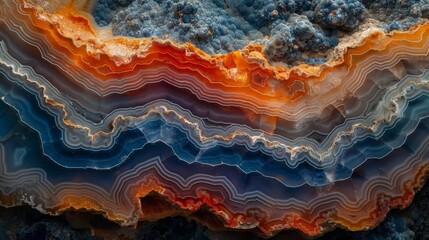 Close-up of a colorful agate rock displaying its natural gradient and intricate patterns, showcasing the beauty of geological formations. - obrazy, fototapety, plakaty