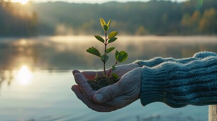 A close-up of hands gently supporting a sapling with a serene lake and sunset in the background, symbolizing environmental stewardship.. - obrazy, fototapety, plakaty