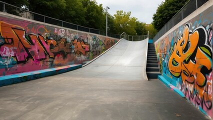 Empty urban skatepark with colorful graffiti