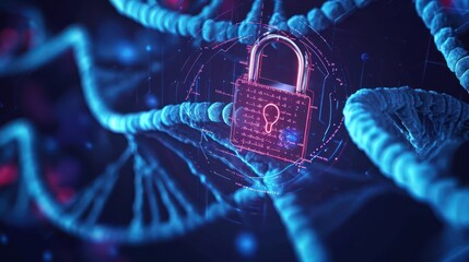 representation of medical genetics with binary code elements, encryption patterns, and a central padlock, conveying the essential role of data protection in genetic research - obrazy, fototapety, plakaty