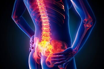 Illustration of a glowing spine and pelvis indicating lower back pain
