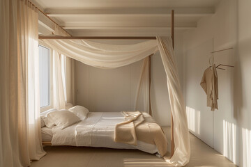 Contemporary room with clean aesthetics and a canopy bed.