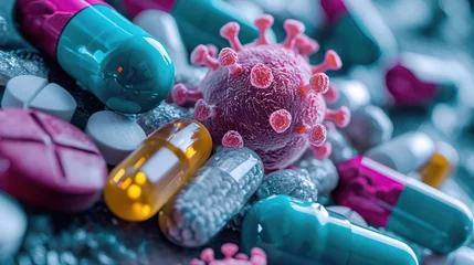 Fotobehang representation of virus strains and pharmaceutical capsules, conveying the ongoing research and development in medicine © Tina