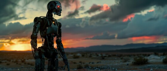 Robot, sleek frame, adaptive AI, wandering a post-apocalyptic wasteland, stormy weather, photography, backlighting, High-angle view - obrazy, fototapety, plakaty