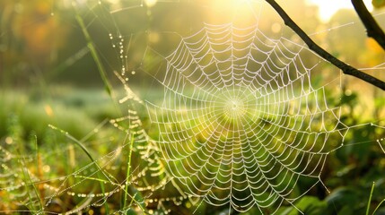 delicate tracery of a spider's web, each strand meticulously spun to create a masterpiece of natural engineering. - obrazy, fototapety, plakaty