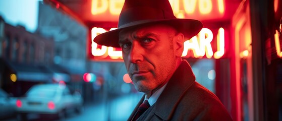 Rugged private detective, fedora hat, square jaw and determined eyes, standing under the flickering neon sign of a seedy dive bar Photography, Dramatic Backlights, Dolly zoom effect - obrazy, fototapety, plakaty