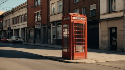 Red telephone booth on a city street