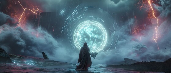 Temporal Anomaly, Tattered Cloak, Wielding a Mysterious Device, Surrounded by Glowing Portal, Stormy Weather, 3D Render, Rim Lighting, Panoramic view