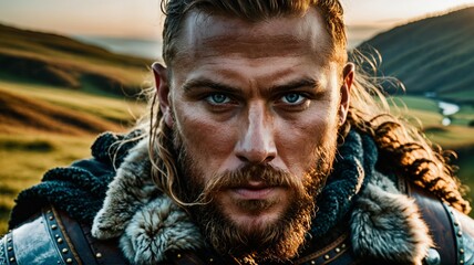 Du haut de ses 35 ans, un viking au regard résolu exhale une aura de puissance, prêt à affronter les défis avec courage et détermination.