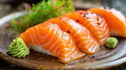 Vibrant salmon fillets ready for cooking or sushi, accompanied by a dab of wasabi on a rustic wooden table.. - obrazy, fototapety, plakaty