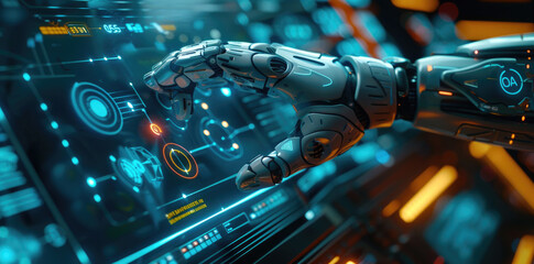 Fototapeta premium Fingertips of the Future: Robotic Hand Interfacing with Advanced Digital Technology
