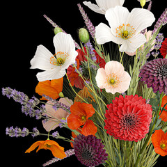  Bouquet of wildflowers Chrysanthemum Lavender Poppy wheat isolated on black background