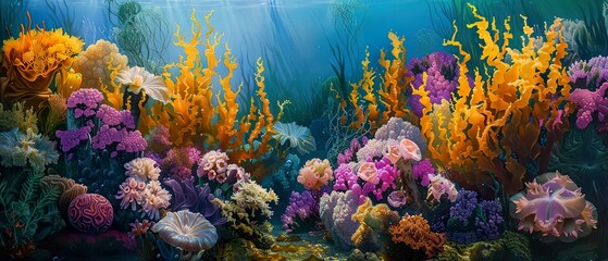 Fototapeta na wymiar Undersea garden of vibrant seaweed and coral flowers, a hidden gem of the ocean, teeming with colorful marine life