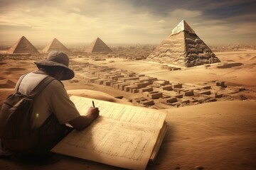 Tourists writing in their travel journals with the pyramids as a backdrop. - obrazy, fototapety, plakaty