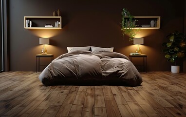 Modern interior design of bedroom with bed, night stand and book shelf on wooden floor in dark brown color wall background, +